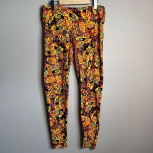LulaRoe Women's Bright Abstract Flower Print Leggings Orange Tall & Curvy Lounge